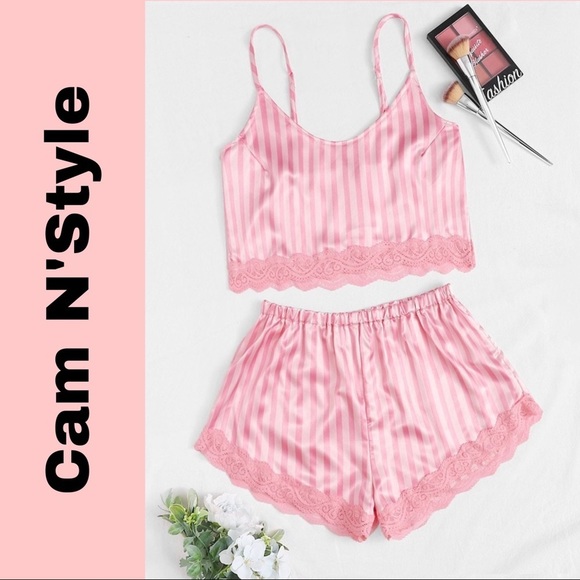 New Pink Striped Satin Silk-Like Lace Pajama Set​ - Picture 1 of 4
